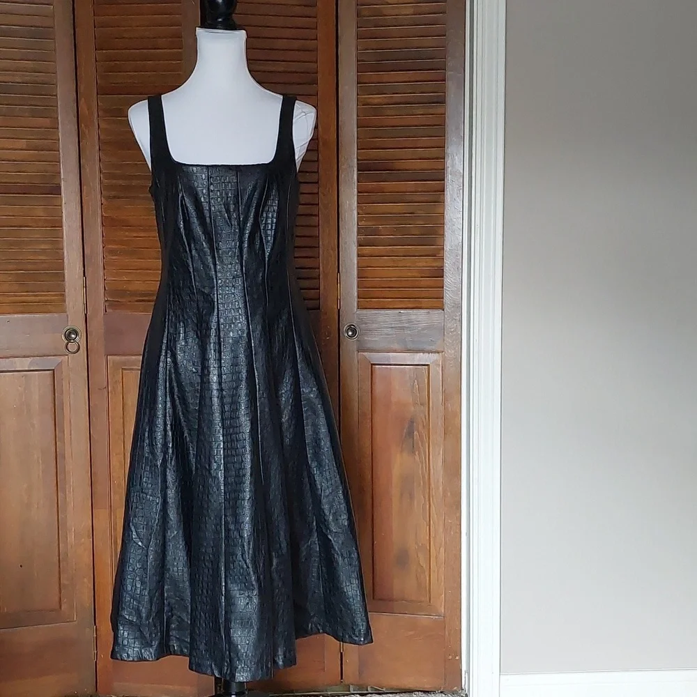 Anthropologie Avec Les Filles Black Faux Leather Midi Dress Sz LP - Picture 4 of 16